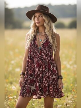Akira Boho Paisley Top/Mini Dress with Deep V - Versatile, Medium